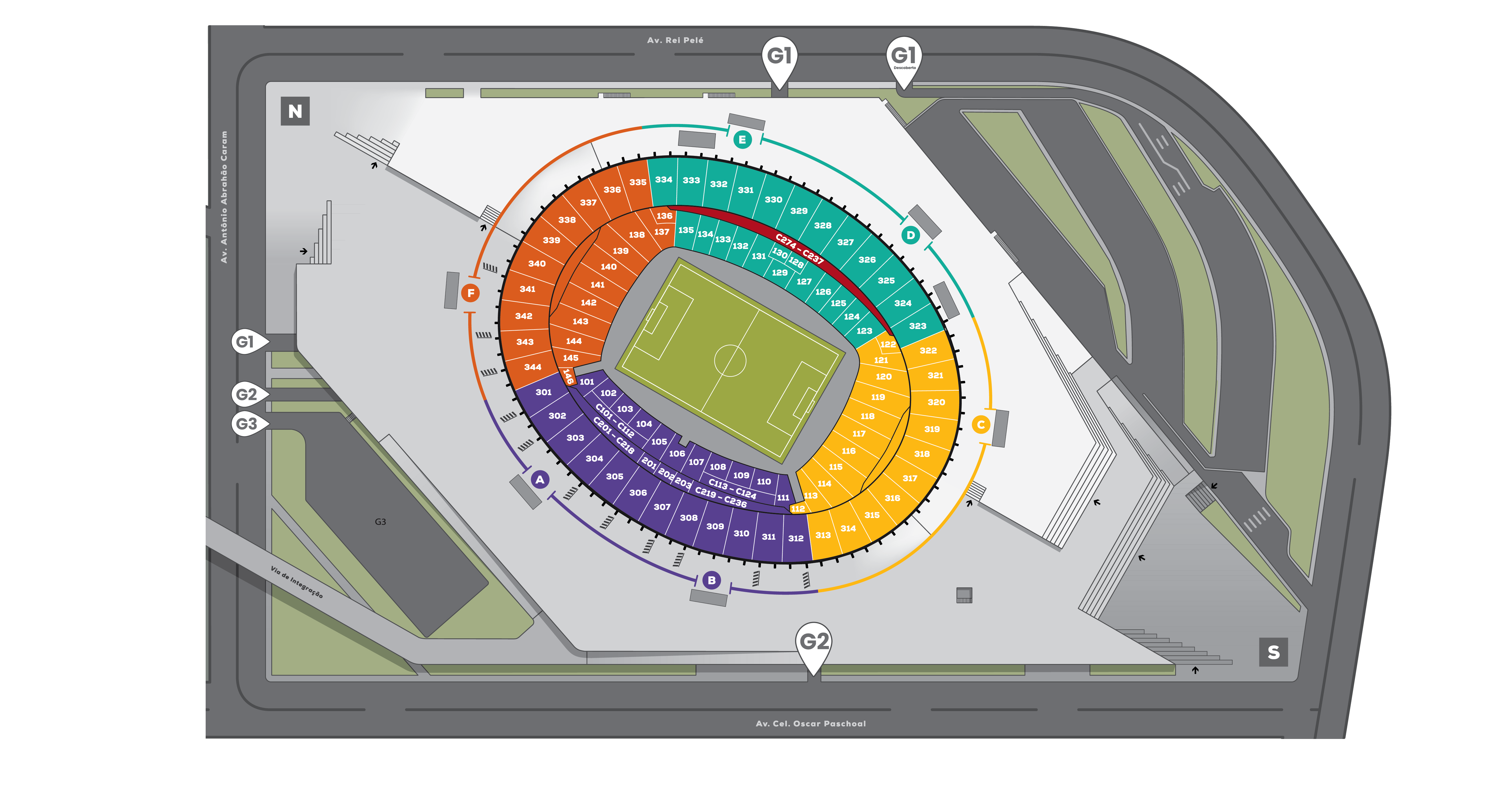 Ilustração com a localização dos portões de entrada do Mineirão e como chegar a partir dos estacionamentos